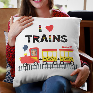I Love Trains Colorful Kids Photo and Name Throw Pillow