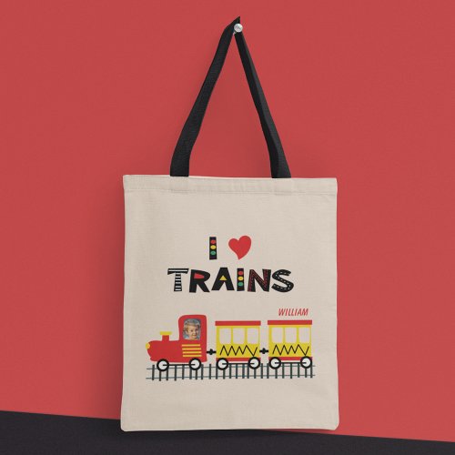 I Love Trains Colorful Kids Photo and Name Tote Bag