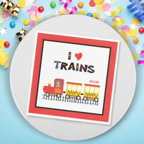 I Love Trains Colorful Kids Photo Name Party Paper Napkins