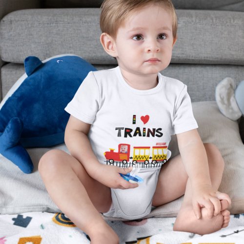 I Love Trains Colorful Photo and Name Baby Bodysuit