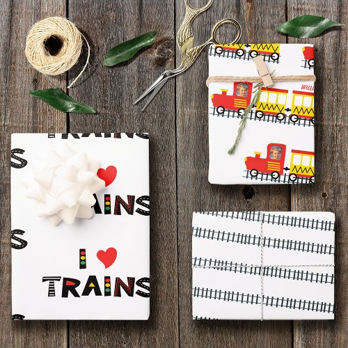 I Love Trains Kids Photo and Name Pattern Party Wrapping Paper Sheets