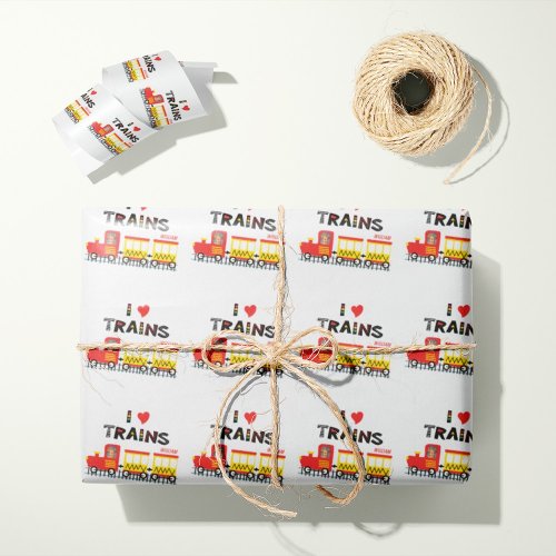 I Love Trains Kids Photo and Name Pattern Wrapping Paper