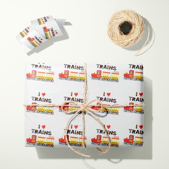 I Love Trains Kids Photo and Name Pattern Wrapping Paper (Creator Uploaded)