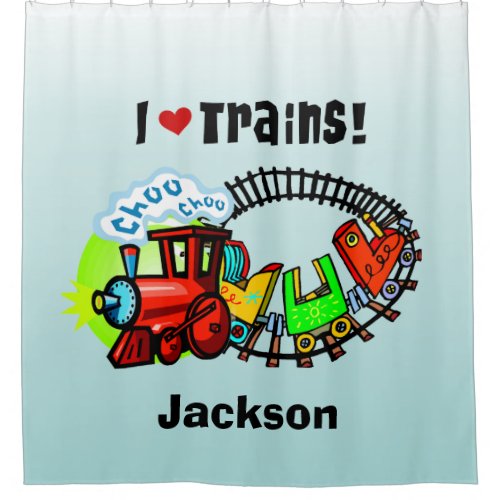 I Love Trains Personalized Transportation Shower Curtain