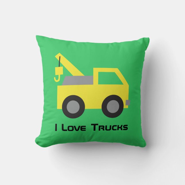 I love Trucks, Cute Yellow Vehicle for kids Throw Pillow (Front)
