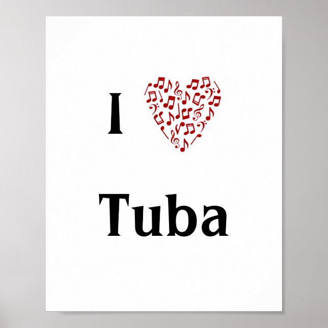 I Love Tuba Red Heart of Music Notes Poster (Front)