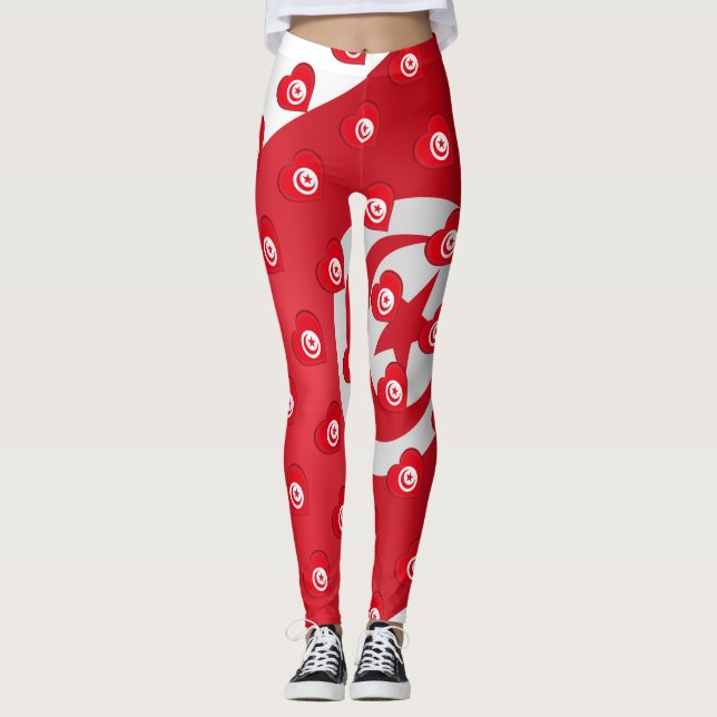 I Love Tunisia Tunisian Flag Hearts Pattern Funny Leggings (Front)
