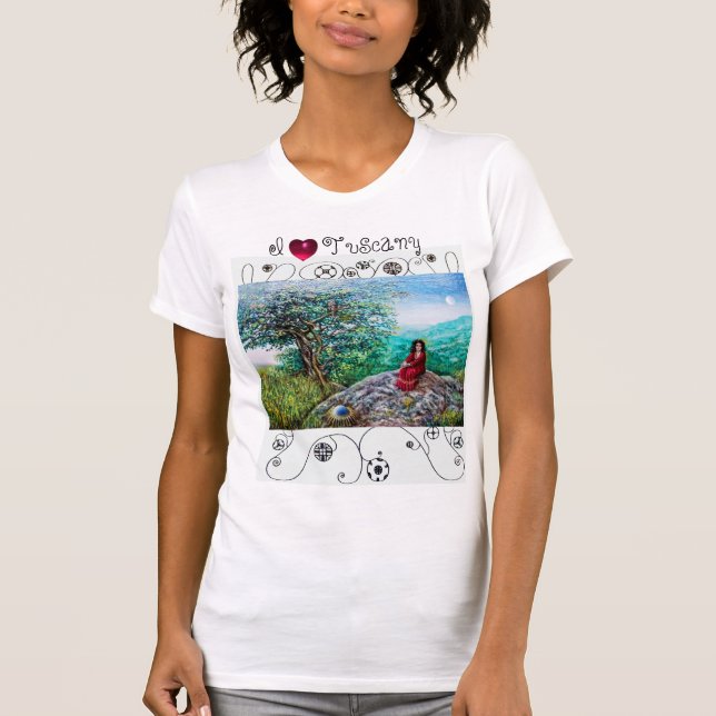 I LOVE TUSCANY /Dawn In Green Wood and Lady in Red T-Shirt (Front)