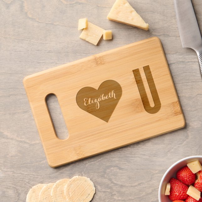 I Love U Cool Cute Heart Name Monogram Bamboo Wood Engraved Cutting Board (Cheese)