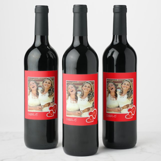I Love U, Cute Hearts -  Custom Photo Personalized Wine Label (Bottles)