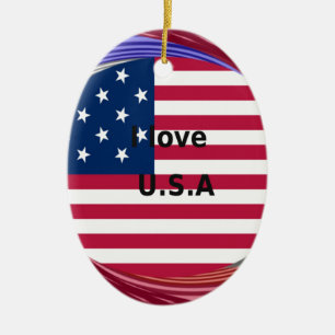 I Love U.S.A. Swirl: Patriotic Heart Art Print Ceramic Ornament