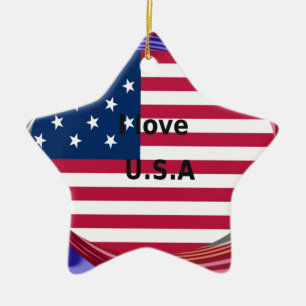 I Love U.S.A. Swirl: Patriotic Heart Art Print Ceramic Ornament