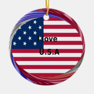 I Love U.S.A. Swirl: Patriotic Heart Art Print Ceramic Ornament
