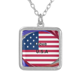 I Love U.S.A. Swirl: Patriotic Heart Art Print Silver Plated Necklace