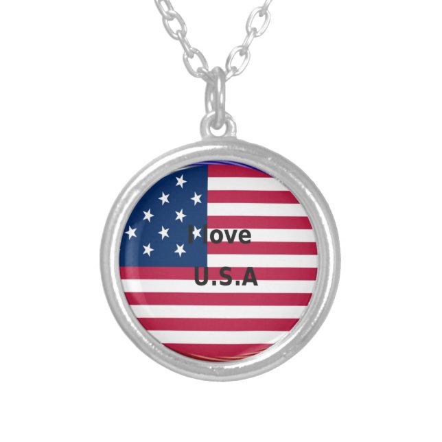I Love U.S.A. Swirl: Patriotic Heart Art Print  Silver Plated Necklace (Front)