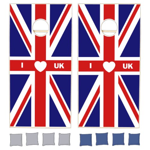I love UK flag dark blue red white  Cornhole Set