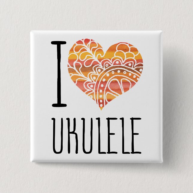 I Love Ukulele Orange Mandala Heart Button (Front)