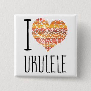 I Love Ukulele Orange Mandala Heart Button