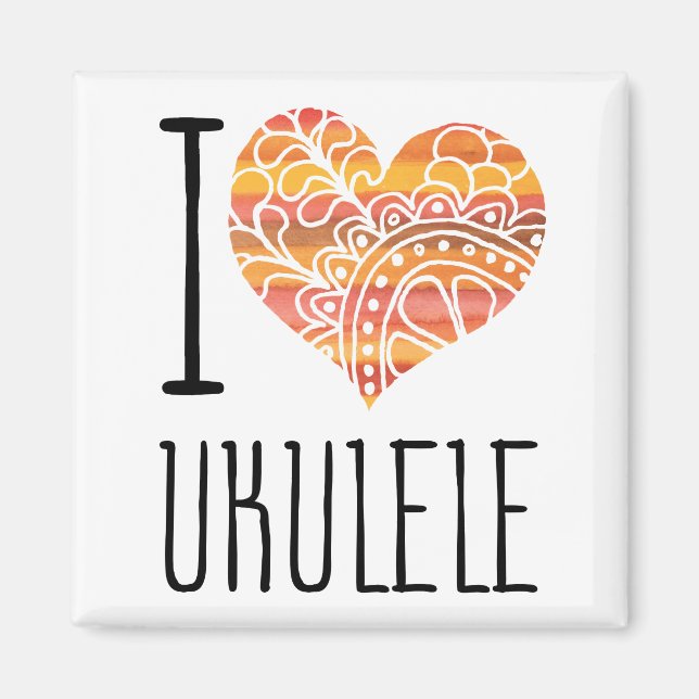 I Love Ukulele Orange Mandala Heart Magnet (Front)