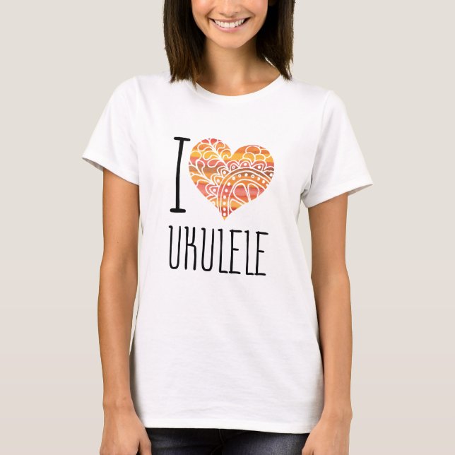 I Love Ukulele Orange Mandala Heart T-Shirt (Front)