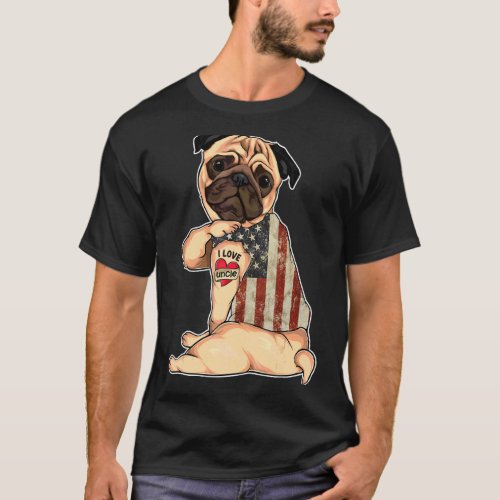 I Love Uncle Tattoo Pug Dog  American Flag Father T_Shirt