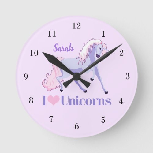 I Love Unicorns Cute Pink Purple Monogram Girls Round Clock