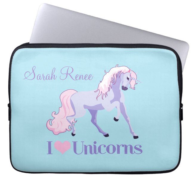 I Love Unicorns Personalized Laptop Sleeve (Front)