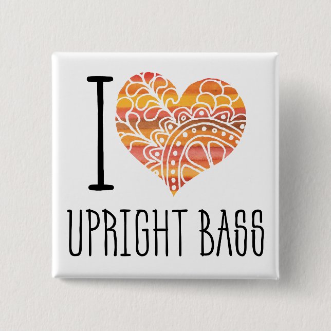 I Love Upright Bass Orange Mandala Heart Button (Front)