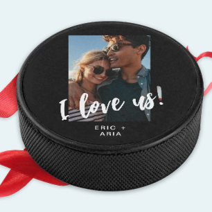 I love us Script Names and Photo Black Hockey Puck