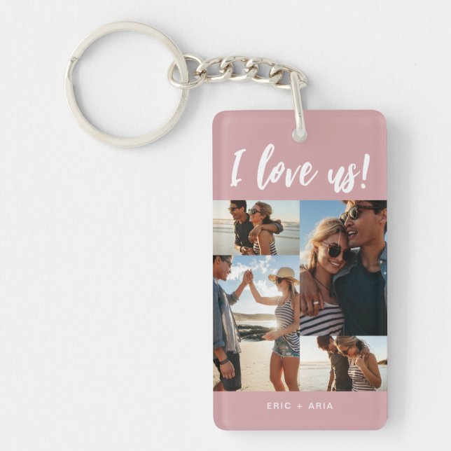 I love us Script Names Photo Collage Pink Keychain (Front)