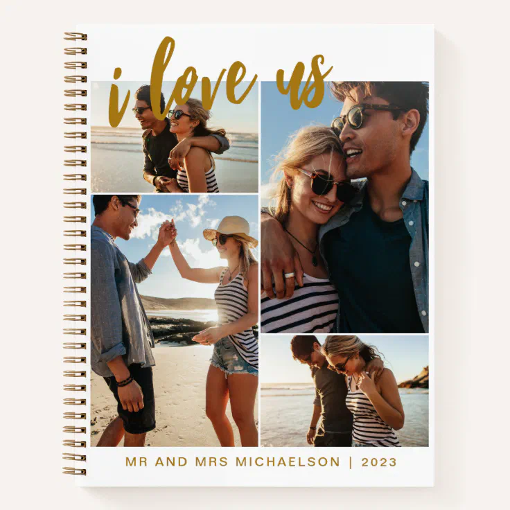 I love us Script Photo Collage Gold and White Notebook