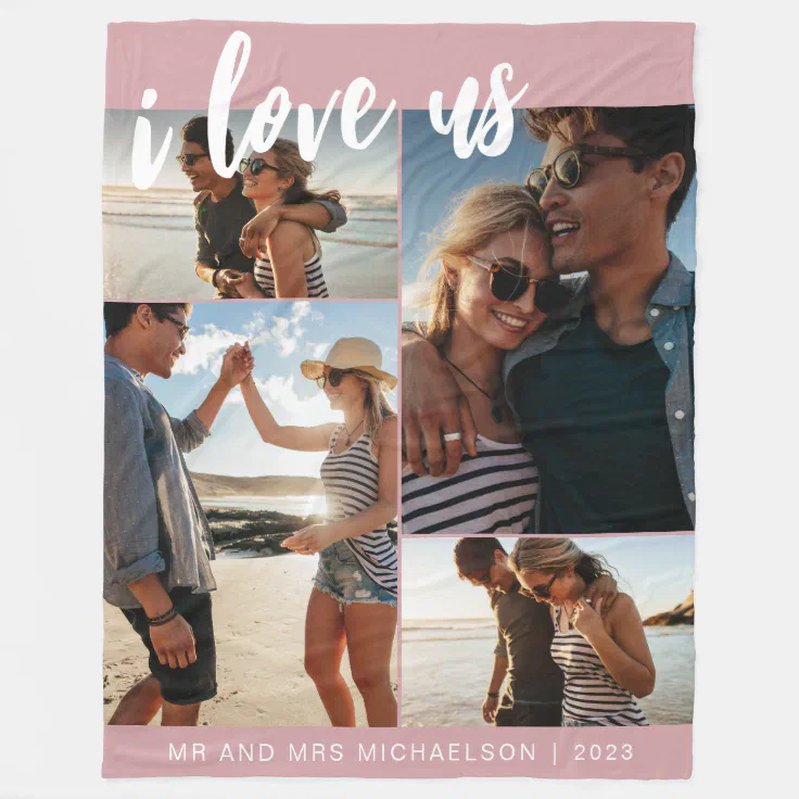 I love us Script Photo Pink and White Fleece Blanket