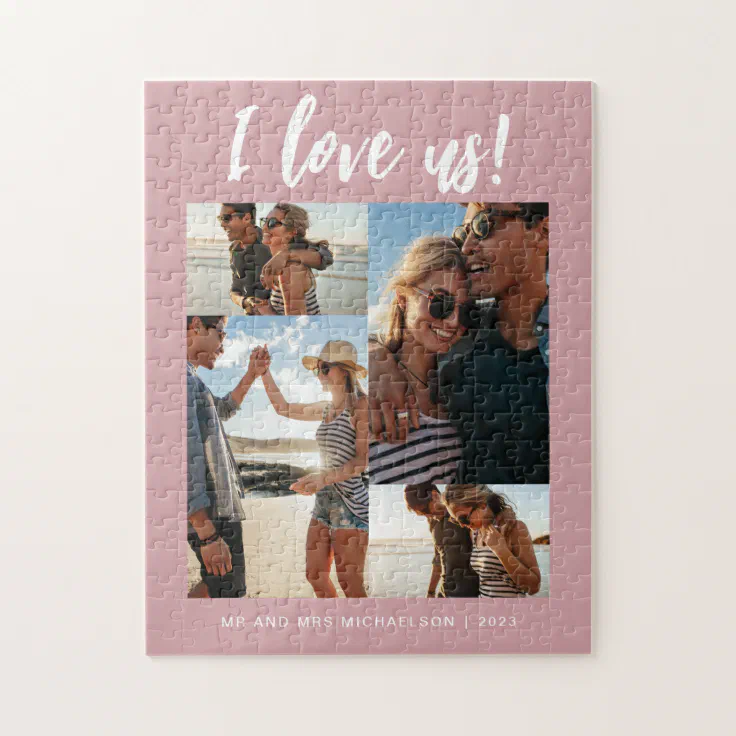 I love us Script Photo Pink and White Jigsaw Puzzle