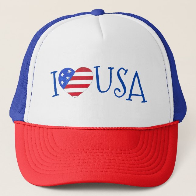 I Love USA Patriotic July 4th American Flag Heart Trucker Hat (Front)
