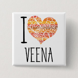 I Love Veena Orange Mandala Heart Button