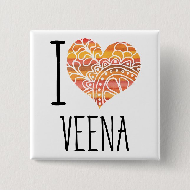 I Love Veena Orange Mandala Heart Button (Front)