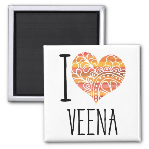 I Love Veena Yellow Orange Mandala Heart Square Magnet