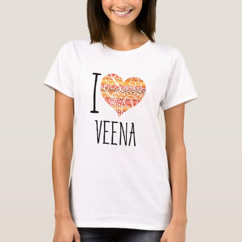I Love Veena Yellow Orange Mandala Heart T-Shirt