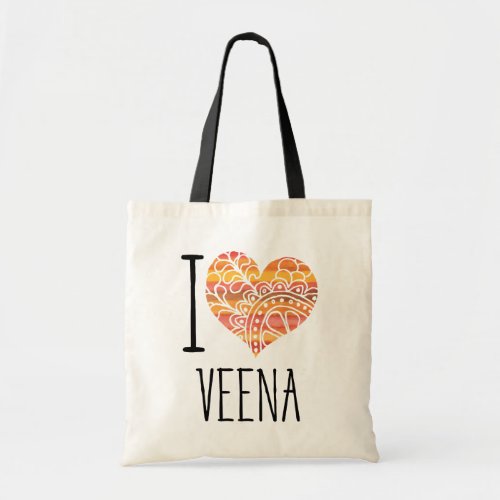 I Love Veena Yellow Orange Mandala Heart Tote Bag
