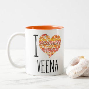 I Love Veena Orange Mandala Heart Two-Tone Coffee Mug
