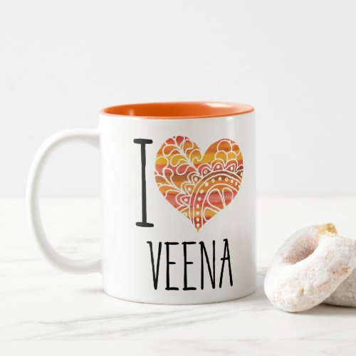 I Love Veena Yellow Orange Mandala Heart Two-Tone Coffee Mug