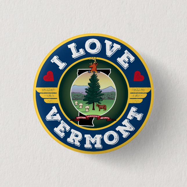 I Love Vermont State Flag and Map Button (Front)