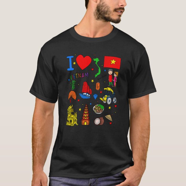 I love Vietnam Hand drawn Vietnamese Landmarks fla T-Shirt (Front)