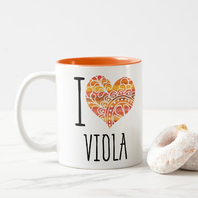 I Love Viola Orange Mandala Heart Two-Tone Coffee Mug (With Donut)