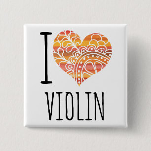 I Love Violin Orange Mandala Heart Button
