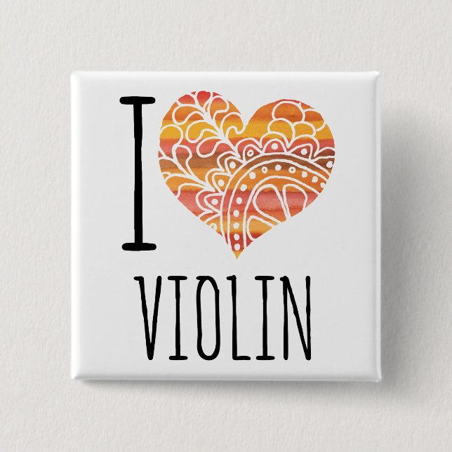 I Love Violin Orange Mandala Heart Button (Front)