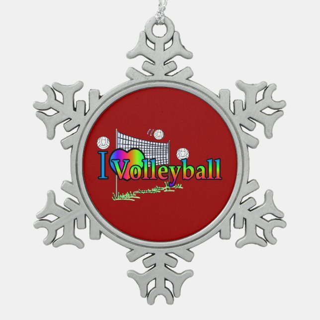 I Love Volleyball Snowflake Pewter Christmas Ornament (Front)