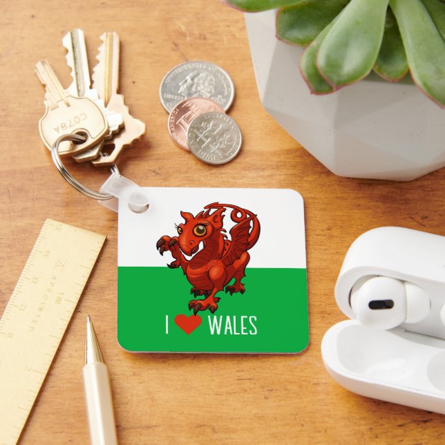 I Love Wales Flag Little Welsh Red Dragon Cartoon Keychain (Desk)