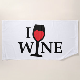 i love wine, I love wine with red heart Beach Towel