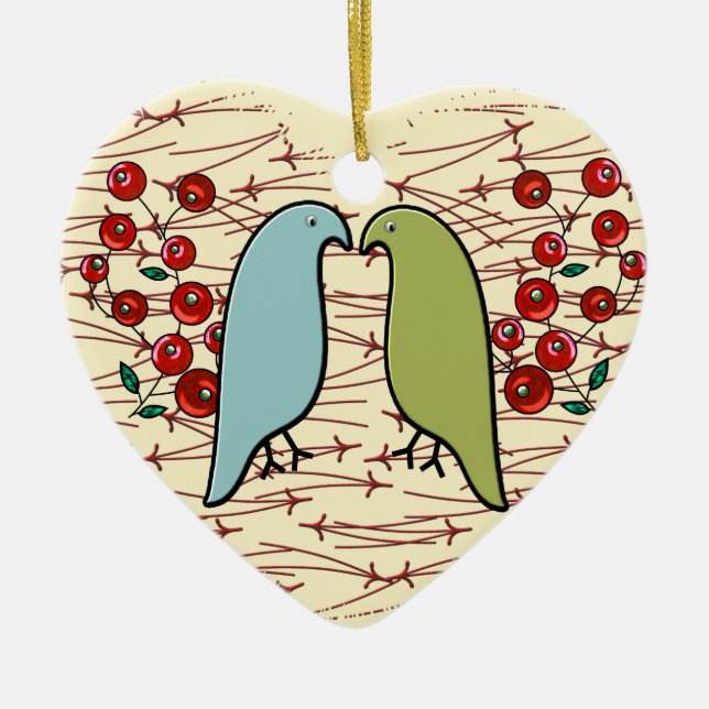 I Love Winter Birds and Berries Personalized Ceramic Ornament (Front)